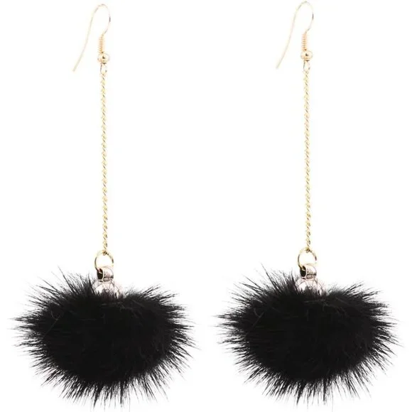 Trendy Rabbit Fur Pom Pom Earrings with Stylish Gold Chain - Statement Jewelry - Picture 1 of 4